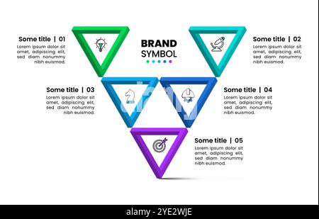 Infografik-Vorlage mit Symbolen und 5 Optionen oder Schritten. Dreiecke. Kann für Workflow-Layout, Diagramm, Banner und Webdesign verwendet werden. Vektorabbildung Stock Vektor