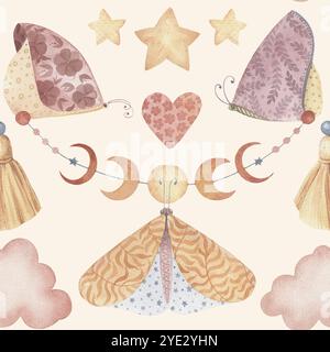 Boho Butterfly nahtloses Muster mit Wolken und Sternen auf cremefarbenem Hintergrund. Handgezeichnetes Aquarell charmante himmlische Illustration in weichem Pastellfarben Stockfoto