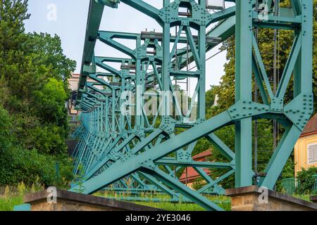 Schwebebahn Dresden eine der ältesten Hängebahnen der Welt. Nur Eisenkonstruktion. Suspendelbahn, Dresden, Deutschland Stockfoto