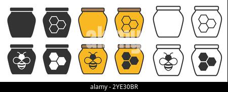 Verschiedene Symbole für Honigglas. Signaturkollektion mit Honigsymbol-Logo. Bienenwachs-Schild. Honigpaket. Vektorabbildungsbild. Isoliert am Stock Vektor