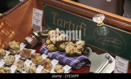 Besucher erkunden einen Stand mit einer herrlichen Auswahl an weißen Trüffeln beim Alba Truffle Festival. Stockfoto