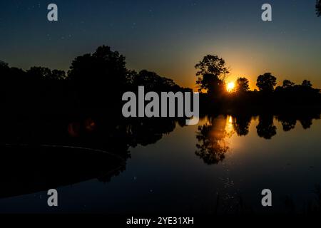 Eine Landschaft der Ruhe: Der Nachthimmel über dem Fluss. Das Licht des Vollmondes scheint durch die Bäume und reflektiert sich im stillen Wasser des r Stockfoto