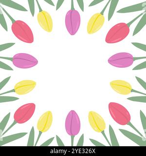 Farbenfrohe Tulpen quadratischer Rahmen in trendigen Frühlingsfarben. Idee zum internationalen Frauentag. Kopierbereich. Isolierte Vektor-Illustration Grußkarten, Poster, Banner, Etikett, Medien oder Web-Promo Stock Vektor