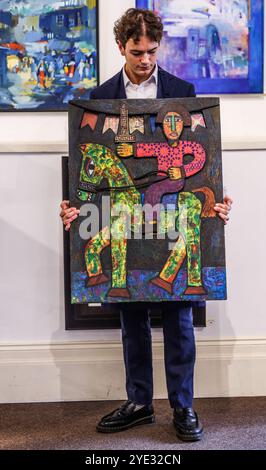 Olympia Auctions, London, Großbritannien. Oktober 2024. Zakaria Soliman, Ägyptisch, The Knight Mixed Media on Panel, Est 200-400der Markt für moderne und zeitgenössische afrikanische Kunst und Kunst aus dem Nahen Osten hat in den letzten 15 Jahren gedeiht und wächst weiter und hat sich in Großbritannien stark etabliert. Unsere Fachabteilung bei Olympia Auctions hat, einzigartig unter anderen Auktionshäusern, die Synergien der arabischen Welt, des Maghreb und des restlichen Afrika zusammengeführt und die Gegenseitigkeit und gemeinsame Geschichte dieser Regionen widerspiegelt. Quelle: Paul Quezada-Neiman/Alamy Live News Stockfoto