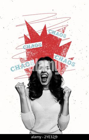 Composite Trend Artwork Skizze Bild Foto Collage von Copyspace zeichnen Mess Linie Kritzelei junge Frau schreien Chaos feuerte wütende Emoji Gesicht Stockfoto