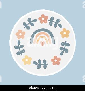 Süßer bento-Kuchen mit Doodle-Blumen und Regenbogen im skandinavischen Stil. Platz für Ihren Text, Draufsicht. Alles Gute zum Geburtstag oder andere Grußkuchen, isoliert Stock Vektor