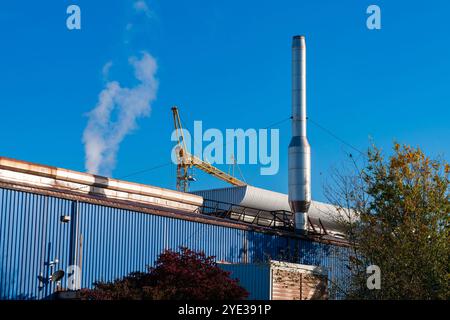 Eine Fabrik erhebt sich vor einem hellblauen Himmel, mit Rauch aus dem Schornstein und einem Kran in der Nähe, was auf aktive Industriearbeiten in der Gegend hinweist. Stockfoto