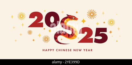 Chinesisches Neujahrs-2025-Kartenbanner. Jahr der Schlange Design mit goldener roter Schlange, Sternen, Feuerwerk. Elegante orientalische Illustration Vektor Illustration Stock Vektor
