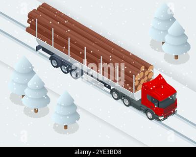 Isometrischer Lkw mit Anhänger mit Baumstämmen. Ein leistungsstarker Sattelauflieger mit einem großen Sattelzugwagen transportiert ein Bündel Baumstämme auf einem speziellen Anhänger Stock Vektor