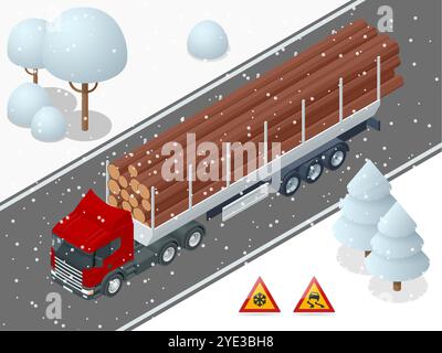 Isometrischer Lkw mit Anhänger mit Baumstämmen. Ein leistungsstarker Sattelauflieger mit einem großen Sattelzugwagen transportiert ein Bündel Baumstämme auf einem speziellen Anhänger Stock Vektor