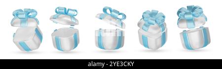 Set aus Geschenkboxen mit realistischem 3D-Rendering. Weiße Geschenkbox mit blauer Schleife und Schleife. Geschenkbox in verschiedenen Winkeln. Vektorabbildung. Stock Vektor