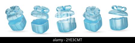 Set aus Geschenkboxen mit realistischem 3D-Rendering. Blaue Geschenkbox mit blauer Schleife und Schleife. Geschenkbox in verschiedenen Winkeln. Vektorabbildung. Stock Vektor