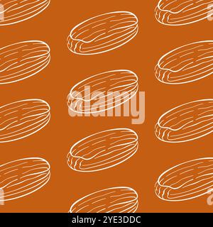 Nahtloses Muster von Hand gezeichnetem Eclair auf warmbraunem Hintergrund. Perfekt für Backwaren, Gebäck, Lebensmittelverpackung und rustikales Design. Stock Vektor