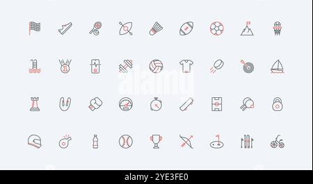 Fitness, Sportgeräte und Trophäenlinien-Symbolsatz. Shuttlecock und Kurzhantel, Fußballfeld und Ball für Baseball Fußball Basketball Volleyball dünne schwarze und rote Umrisssymbole Vektor-Illustration Stock Vektor