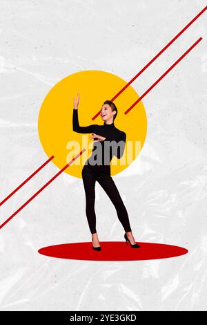 Composite Trend Artwork 3D Skizze Bild Collage der Copyspace Seite Linie Kreis junge Dame Lächeln glückliches Modell Posing Stand zeigen Hand Geste Stockfoto