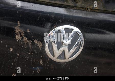 VW in der Krise. Ein Volkswagen Logo auf einem verdrecktem VW Fahrzeug bei einer Autoverwertung, Schrottplatz in Wilnsdorf. Volkswagen am 29.10.2024 in Wilnsdorf/Deutschland. *** VW in der Krise Ein Volkswagen Logo auf einem schmutzigen VW-Fahrzeug auf einem Auto-Recycling, Schrottplatz in Wilnsdorf Volkswagen am 29 10 2024 in Wilnsdorf Deutschland Stockfoto