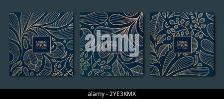 Vektorsatz von Feiertag, weihnachten, Neujahrskarten, Party Ornament Design. Goldene Äste, elegante Winterränder, Vintage-Rahmen. Stock Vektor