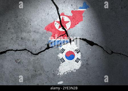 Flaggen von Nordkorea und Südkoreaner auf die Betonwand gemalt Stockfoto