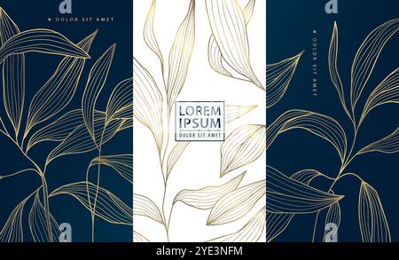 Vektorsatz des abstrakten Blattes, florale Linie goldene Etiketten, Poster, elegante Luxus-Pflanzenkarten. Pflanzliche Illustrationen, Paket. Stock Vektor