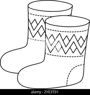 Stiefel aus Wollfilz im Doodle-Stil. Warme Winterschuhe, alte traditionelle handgezeichnete schwarz-weiß isoliert. Vektorabbildung Stock Vektor