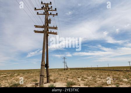 Freileitung und Freileitung auf Holzstützen entlang einer Bahnstrecke in der Steppe Kasachstans. Stockfoto