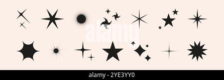 Set aus glänzenden Glitzern, Stern- und Sonnenformen. Abstrakte Explosions-, Glüh- und Blinkeffekte für Partydesign. Funkelnde Glitzer- und Flash-Grafik Stock Vektor