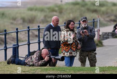 Swansea, 10. Oktober 2023, Rare Bird Swansea Menschen halten an, um einen Seufzer auf dem seltenen Wiedehopf Vogel in Swansea zu machen. Ein seltener Vogel namens Wiedehopf mit seinen markanten schwarz-weißen Flügeln, der Krone aus bunten Federn und dem langen, geschwungenen Schnabel wurde in der Swansea Bay gesichtet. Die Sichtungen haben Vogelfreunde und Vogelfreunde aus ganz Großbritannien in die walisische Küstenstadt gezogen, um den Vogel aus nächster Nähe zu beobachten. Sie brüten nicht in Großbritannien und eine Sichtung ist sehr selten. Stockfoto