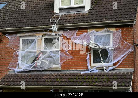 Salisbury, Wiltshire, Großbritannien. Oktober 2024. Ein Haus in Salisbury in Wiltshire, dekoriert mit Skeletten und Spinnweben für Halloween. Bildnachweis: Graham Hunt/Alamy Live News Stockfoto