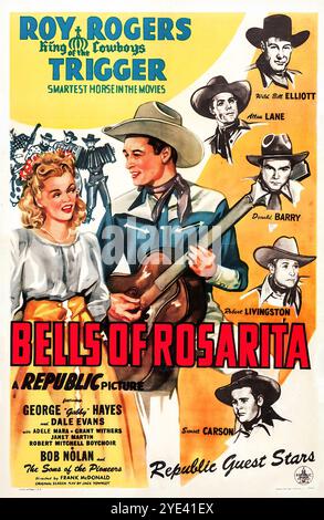 Glocken von Rosarita - Vintage-Filmplakat 1945 - westliche Filmleistung Roy Rogers, König der Cowboys und das berühmte Pferd Trigger (Republik) Stockfoto