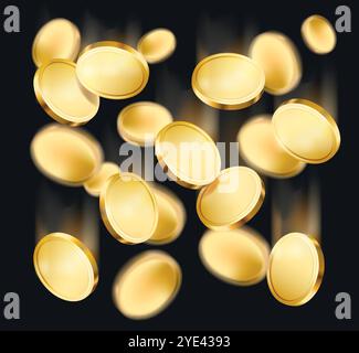 Realistische Goldmünze. Fallendes oder fliegendes Geld. Finanz-, Investitions- und Sparkonzept. Stock Vektor