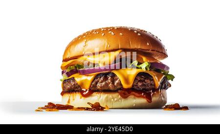 Rindfleisch mit gegrilltem Ei, frischem Salat, geschmolzenem Käse und knusprigem Speck. Saftiger Vollbeef Burger auf weißem Hintergrund. Stockfoto