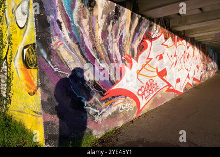 Graffiti und Schatten unter der Donnington Brücke über die Themse. Es ist früh an einem Herbstmorgen und ich bin auf meinem täglichen Spaziergang. Ich bin unter der Donnington Brücke über die Themse, direkt unterhalb von Oxford. Dies ist eine moderne Straßenbrücke, die die B4495 von der Abingdon Road zur Iffley Road führt. Er überquert den Fluss an der Grenze zwischen Iffley Lock und Osney Lock. Dies ist Teil des Thames Path Walkway, einer Strecke, die häufig von Radfahrern, Joggern und Hundebesitzern besucht wird - ganz zu schweigen von Fotografen! Hier sehen wir, wie mein Schatten die Brücke inspiziert. Stockfoto