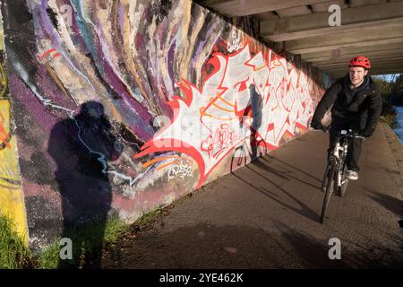 Graffiti und Schatten unter der Donnington Brücke über die Themse. Es ist früh an einem Herbstmorgen und ich bin auf meinem täglichen Spaziergang. Ich bin unter der Donnington Brücke über die Themse, direkt unterhalb von Oxford. Dies ist eine moderne Straßenbrücke, die die B4495 von der Abingdon Road zur Iffley Road führt. Er überquert den Fluss an der Grenze zwischen Iffley Lock und Osney Lock. Dies ist Teil des Thames Path Walkway, einer Strecke, die häufig von Radfahrern, Joggern und Hundebesitzern besucht wird - ganz zu schweigen von Fotografen! Stockfoto