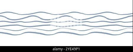 Nahtloser Rahmen. Abbildung eines Musters mit Meer oder Meer auf isoliertem Hintergrund. Zeichnung des Hintergrunds in pastellblauen Farben. Ornament mit Kurvenlinien für nautisches Design. Gestreifter Rand Stockfoto