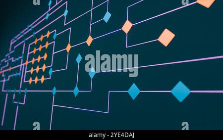 Netzwerk, Knotenbaum, Konzept, Dezision, Verbindung. Knotenbaum, Konzept, industrieller Prozess, Dezision, Verbindung. Linienrichtung, verbunden mit orangefarbenen und blauen Quadraten, Netzwerk. Img node tree007s05 Concept Stockfoto
