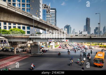 Blick auf die thailändische japanische Freundschaftsbrücke Bangkok. Die Silom Rd überquert die Rama 4. Mit dem Lumpini Park auf der rechten Seite. Die Ratchadamri Rd führt nach Norden. Stockfoto