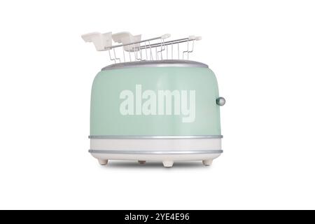 Klassischer Vintage Küchentoaster zum Toasten von Brotscheiben zu Hause, Gerät von der Vorderseite, isoliert auf weißem Hintergrund. Stockfoto