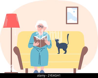 Alte Frau, die mit der Katze auf dem Sofa sitzt und Buch liest. Ruhestand, Ruhe im Wohnzimmer zu Hause. Entspannende Freizeit. Großmutter-Vektorcharakter Stock Vektor