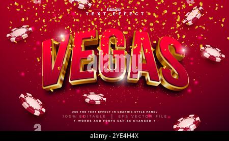 Vegas 3D-Texteffekt Design bearbeitbarer und skalierbarer Vektor-Grafikeffekt mit Gold- und Red-Typografie-Schriftzug, Casino-Chips und Falling Stock Vektor