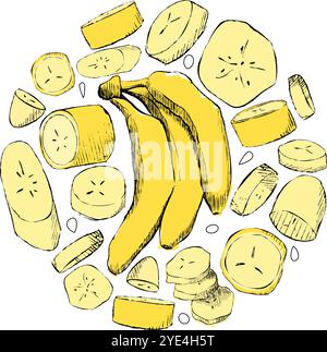 Banane und Scheiben Runde Komposition Design mit gesundem süßen Snack Vektor Grafik Vorlage für Logo Stock Vektor