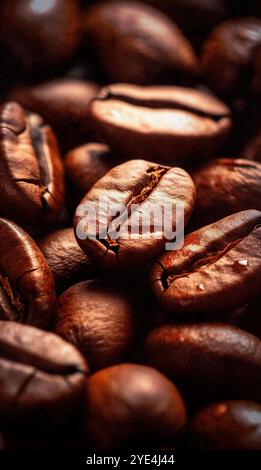 Makrofotografie von Kaffeepulver in dunkler Umgebung. Nahaufnahme gerösteter Kaffeebohnen aus Kolumbien. Stockfoto