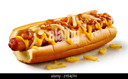 Hot Dog mit Zwiebeln und Saucen auf weißem Hintergrund. Traditionelles amerikanisches Essen. Stockfoto
