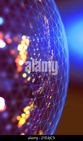 Weltkarte und Stadtlichter. Globales soziales Netzwerk und Internet-Konzept. Futuristischer Hintergrund mit Planeten Erde und Raum. 3D-Illustration Stockfoto