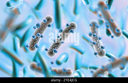 3D Darstellung des mikroskopischen Bildes eines Virus oder einer Infektionszelle.Mikrobakterien und bakterielle Organismen.Biologie und wissenschaftlicher Hintergrund. Stockfoto