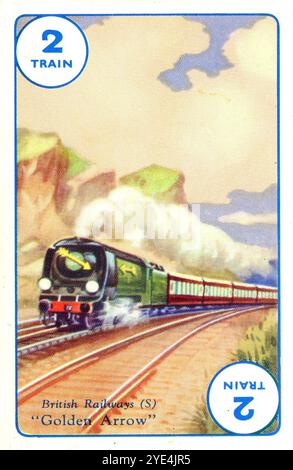 Eine Spielkarte aus dem Spiel „Speed“, das 1954 von Castell Brothers Ltd., London, als Teil ihrer „Pepys“-Serie veröffentlicht wurde. Die Karte trägt den Titel „British Railways (S) Golden Arrow“ und stellt „The Golden Arrow“ dar, ein Luxusboot der Southern Railway und später der British Railways. Sie verband London mit Dover, wo die Passagiere mit der Fähre nach Calais zur Flèche d’Or fuhren, die sie nach Paris brachte. Stockfoto