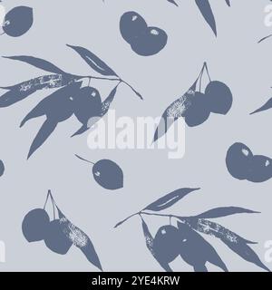 Olivfarbene Silhouetten botanisches nahtloses muster auf grauem Hintergrund. Strukturiertes Endlosmuster für Olivenöl, Naturkosmetik, Verpackung, Küchentext Stock Vektor