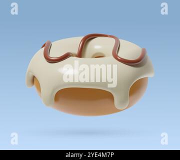 3D Donut mit weißer Glasur und Schokoladensoße darauf. Symbol für die Hochglanz-Bäckerei. Realistische dreidimensionale Vektordarstellung Stock Vektor