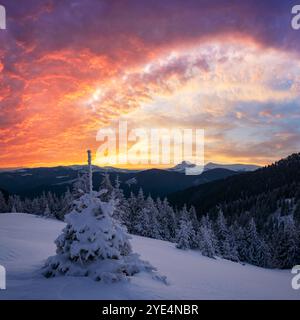 Malerische Landschaft mit schneebedeckten Bäumen in den Winterbergen bei Sonnenuntergang. Verschneite Hügel mit orangefarbenem Himmel, der von Sonnenlicht erstrahlt. Weihnachtsferienkonzept Stockfoto