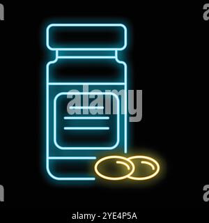 Helles Neonzeichen einer Arzneiflasche mit einem Etikett und zwei Pillen, die auf schwarzem Hintergrund leuchten Stock Vektor