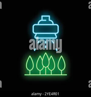 Neonsymbol des Bewässerungssystems, das Bäume auf schwarzem Hintergrund bewässert, Konzept der Landwirtschaft und des Pflanzenwachstums Stock Vektor
